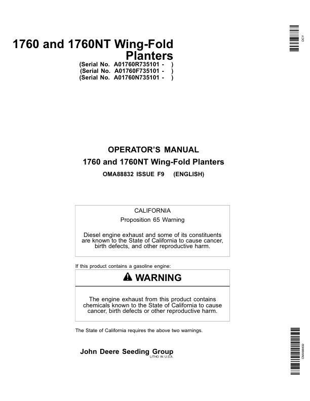 John Deere 1760, 1760NT 6-RN, 8-RN, 8-RW, 12-RN Wing-Fold Planters (735101-) Operator’s Manual (OMA88832) Workshop Guide