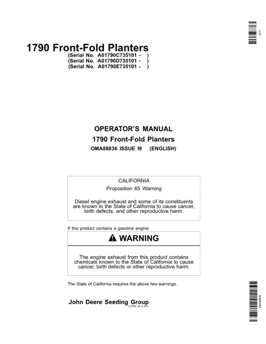 John Deere 1790 Front-Fold Planters (735101-) Operator’s Manual (OMA88836) Workshop Guide