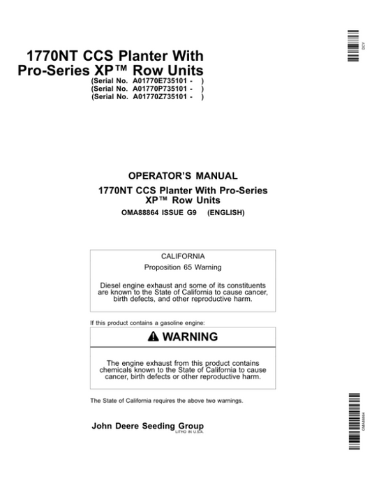 John Deere 1770NT 12/16/24 Row CCS ProSeries Planter with XP Row Units Operator’s Manual (OMA88864) Workshop Guide