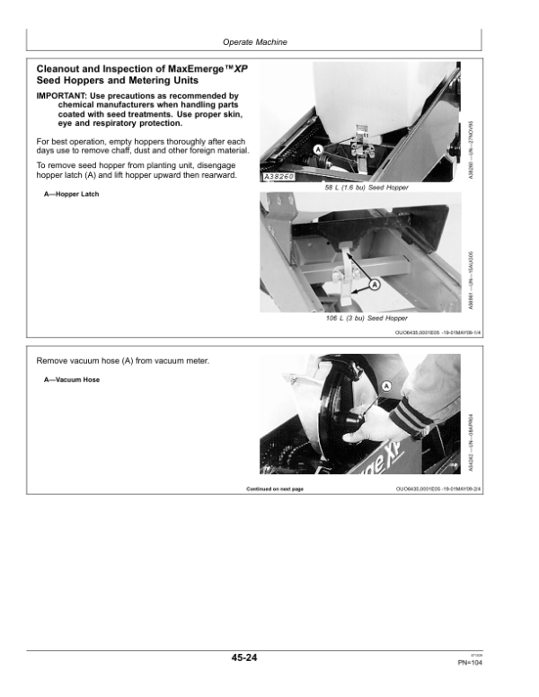 John Deere Components for DB44, DB58, DB60, DB66, DB80, DB88, DB90, & DB120 Deere/Bauer Planters Worldwide Edition (735101-740100) Operator’s Manual (OMA88869) Workshop Guide