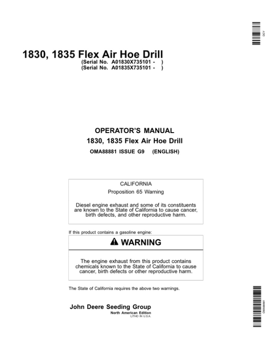 John Deere 1830 & 1835 Flex Air Hoe Drill North America (735101-740100) Operator’s Manual (OMA88881) Workshop Guide