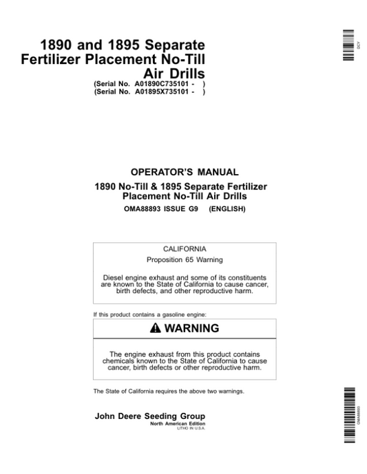 John Deere 1890 & 1895-SFP No-Till Air Drills North America & Australia Edition (735101-740100) Operator’s Manual (OMA88893) Workshop Guide