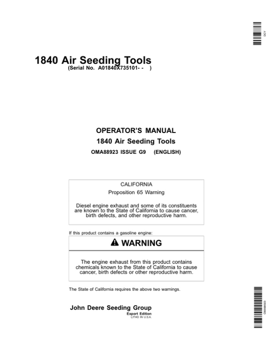 John Deere 1840 Air Seeding Tools (735101- ) Operator’s Manual (OMA88923) Workshop Guide