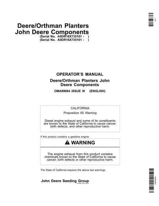 John Deere Components for Deere/Orthman Planters Worldwide Edition (735101-740100) Operator’s Manual (OMA89084) Workshop Guide