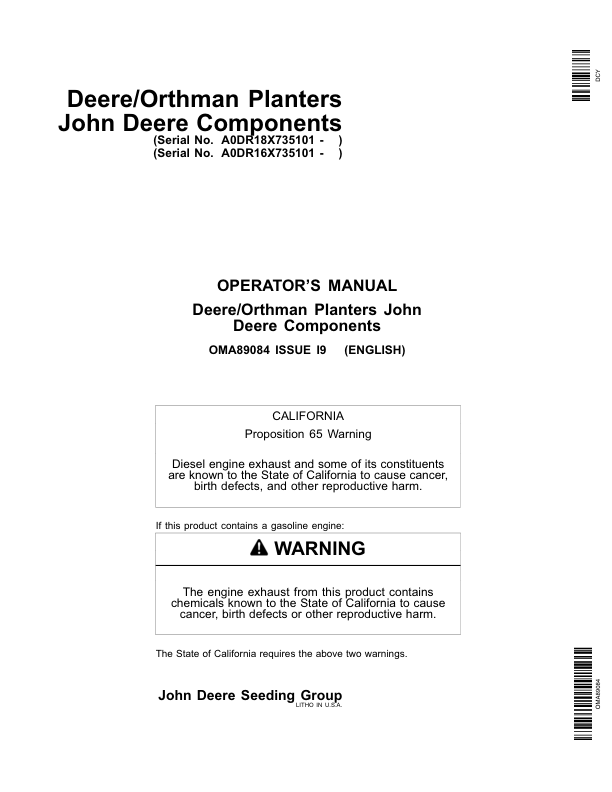 John Deere Components for Deere/Orthman Planters Worldwide Edition (735101-740100) Operator’s Manual (OMA89084) Workshop Guide