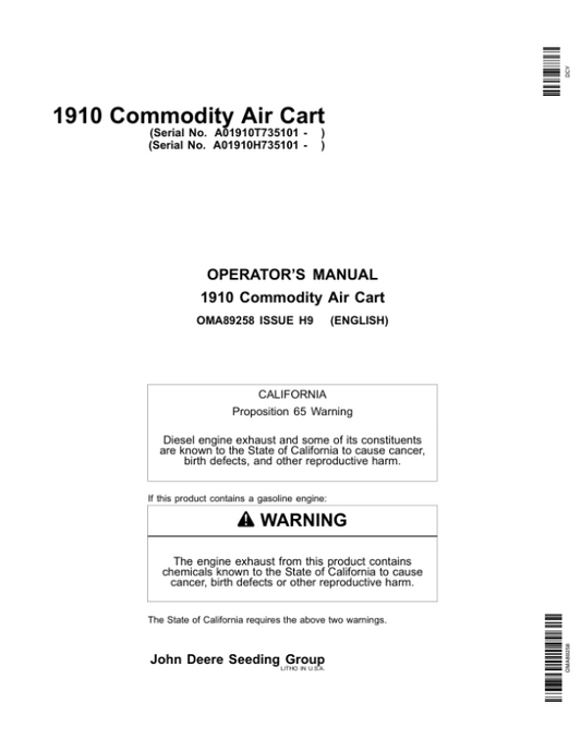 John Deere 1910 Commodity Air Cart (Ground Driven) North America (735101-740100) Operator’s Manual (OMA89258) Workshop Guide