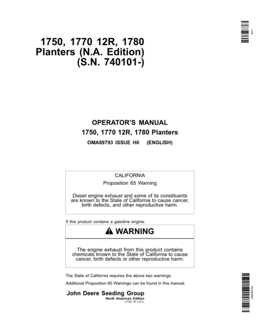 John Deere 1750, 1770 12R, 1780 Planters (S.N. 740101-) Operator’s Manual (OMA89793) Workshop Guide