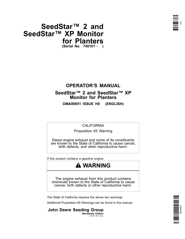 John Deere SeedStar 2 & SeedStar XP Monitor Worldwide Edition (740101-745100) Operator’s Manual (OMA89851) Workshop Guide