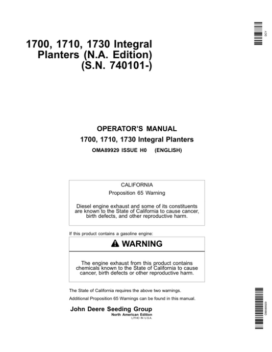 John Deere 1700, 1710 & 1730 Integral Planters U.S. & Austraila Edition (740101-750100) Operator’s Manual (OMA89929) Workshop Guide