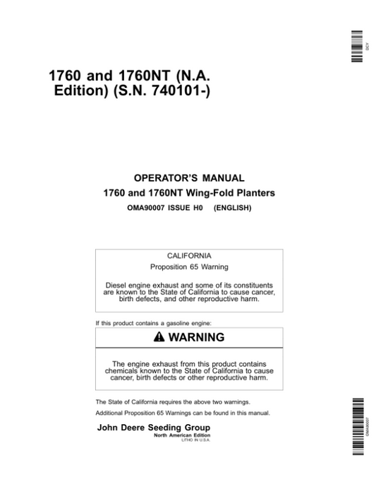 John Deere 1760, 1760NT (740101-) Operator’s Manual (OMA90007) Workshop Guide