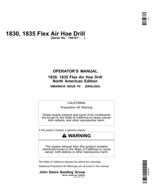 John Deere 1830 & 1835 Flex Air Hoe Drill North America (740101-745100) Operator’s Manual (OMA90034) Workshop Guide