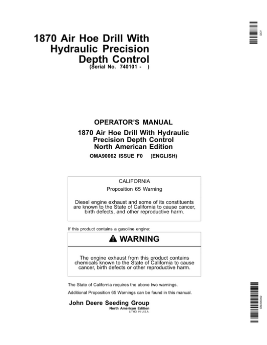 John Deere 1870 Air Hoe Drill North America (740101-745100) Operator’s Manual (OMA90062) Workshop Guide