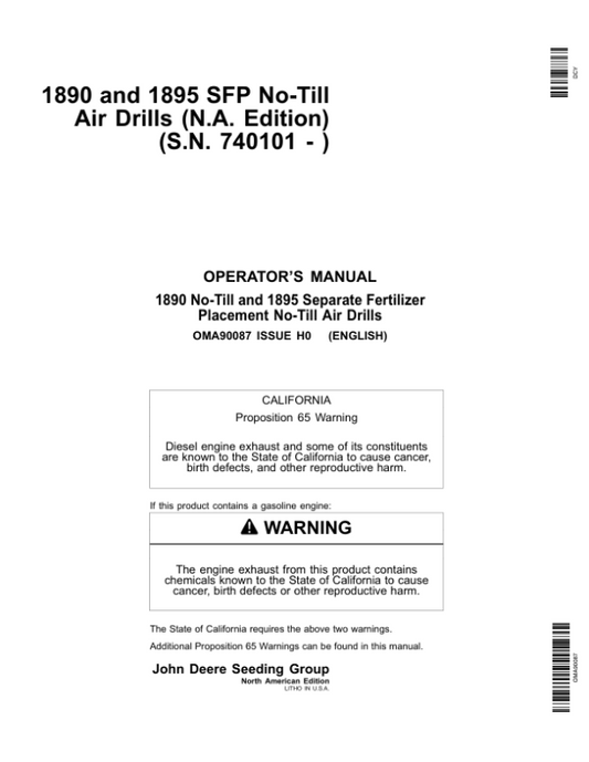 John Deere 1890 & 1895-SFP No-Till Air Drills Americas Edition (740101-745100) Operator’s Manual (OMA90087) Workshop Guide