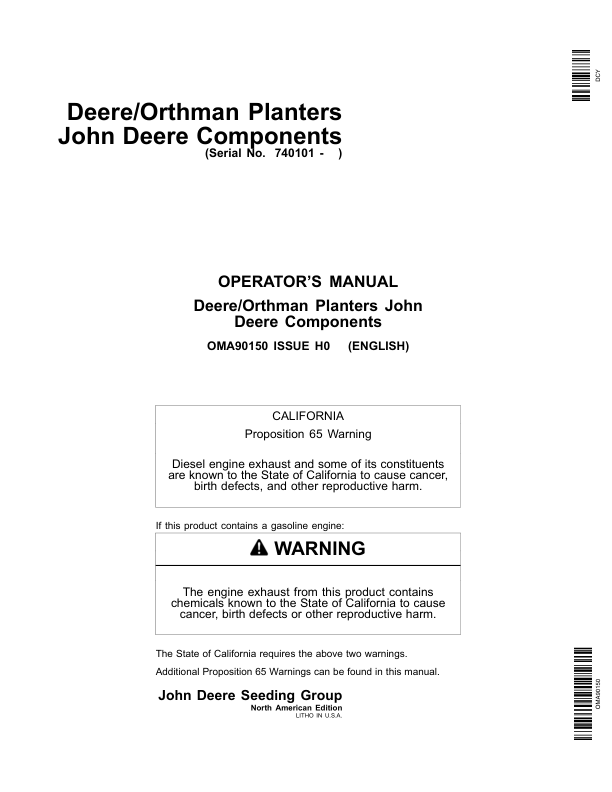 John Deere Components for Deere/Orthman Planters Worldwide Edition (740101-745100) Operator’s Manual (OMA90150) Workshop Guide
