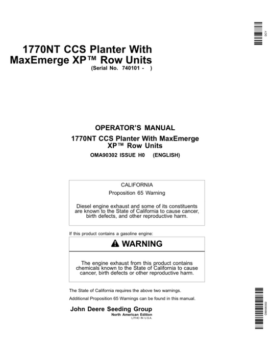 John Deere 1770NT CCS Planter (12/16/24 Row) w/MaxEmerge XP Row Units Operator’s Manual (OMA90302) Workshop Guide