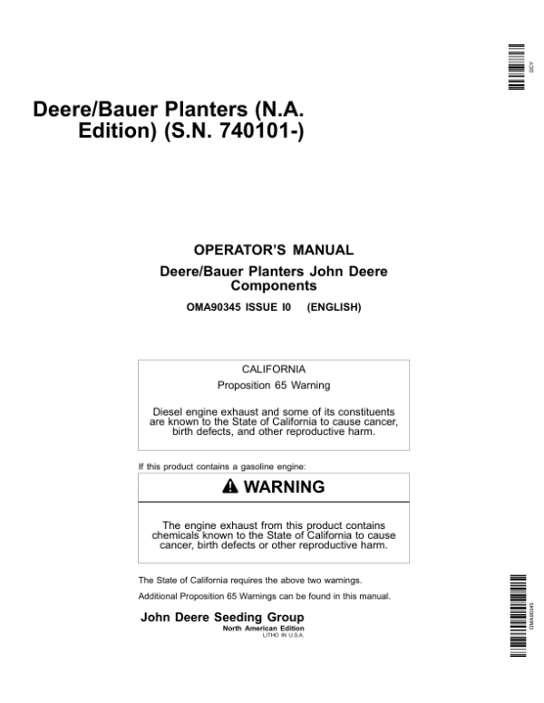 John Deere Components for DB44, DB58, DB60, DB66, DB80, DB88, DB90, & DB120 Deere/Bauer Planters Worldwide Edition (740101-745100) Operator’s Manual (OMA90345) Workshop Guide