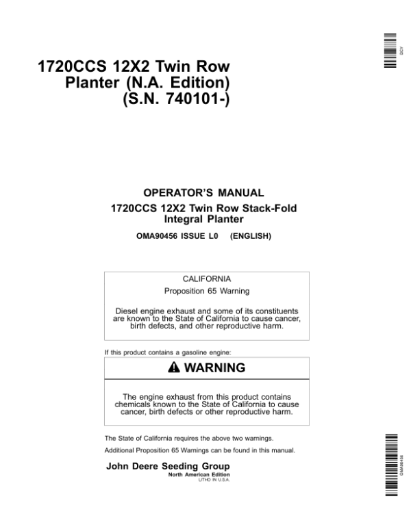 John Deere 1720CCS 12×2 Twin Row Planter Operator’s Manual (OMA90456) Workshop Guide