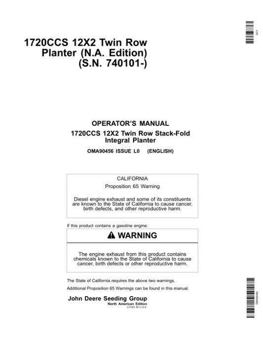 John Deere 1720CCS 12×2 Twin Row Planter Operator’s Manual (OMA90456) Workshop Guide