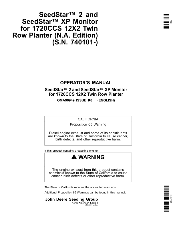 John Deere Seedstar 2, Seedstar XP Monitor for 1720CCS 12×2 Twin Row Planter (740101-) Operator’s Manual (OMA90949) Workshop Guide