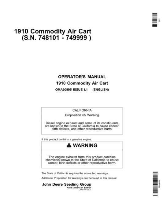 John Deere 1910 Commodity Air Cart (Ground Driven) North America (748101-750100) Operator’s Manual (OMA90995) Workshop Guide