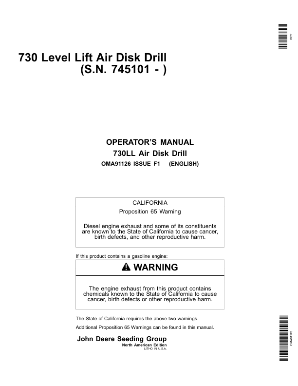 John Deere 730 Level Lift Air Disk Drill North America (745101-750100) Operator’s Manual (OMA91126) Workshop Guide