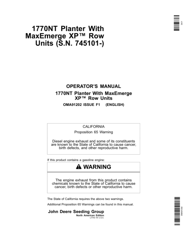 John Deere 1770NT 12/16/24 Row Planter with MaxEmerge XP Row Units Operator’s Manual (OMA91202) Workshop Guide