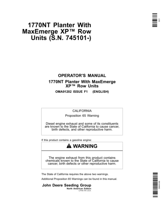 John Deere 1770NT 12/16/24 Row Planter with MaxEmerge XP Row Units Operator’s Manual (OMA91202) Workshop Guide