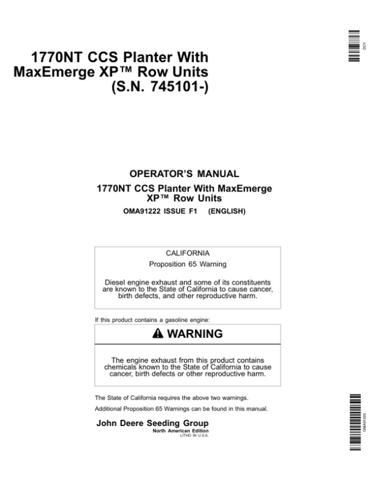 John Deere 1770NT CCS Planter (12/16/24 Row) w/MaxEmerge XP Row Units Operator’s Manual (OMA91222) Workshop Guide