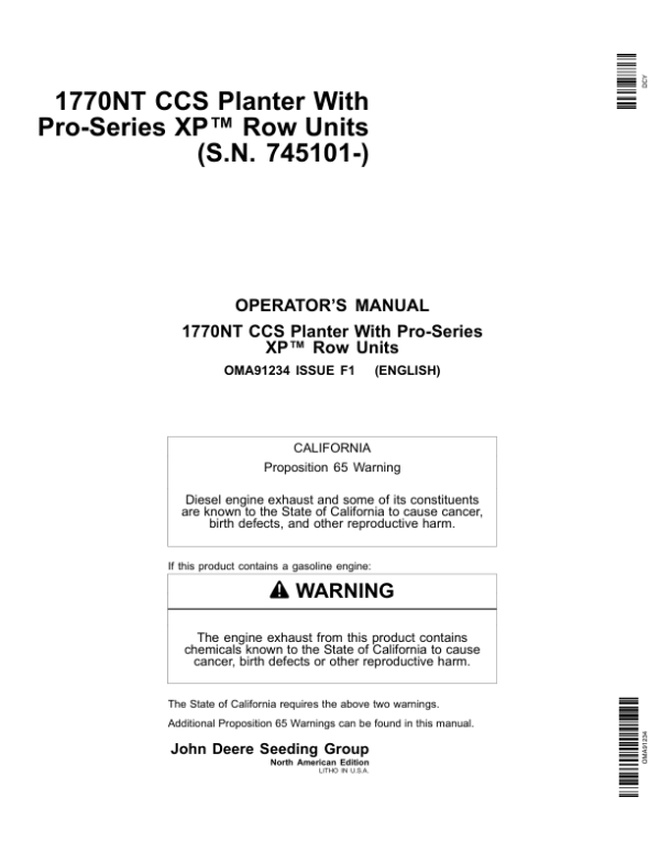 John Deere 1770NT CCS Pro-Series Planter 12/16/24 Row w/ XP Row Units Operator’s Manual (OMA91234) Workshop Guide