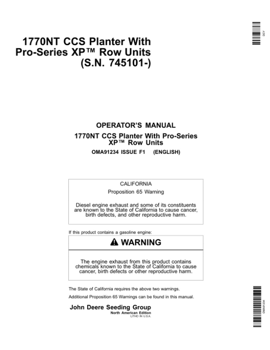 John Deere 1770NT CCS Pro-Series Planter 12/16/24 Row w/ XP Row Units Operator’s Manual (OMA91234) Workshop Guide