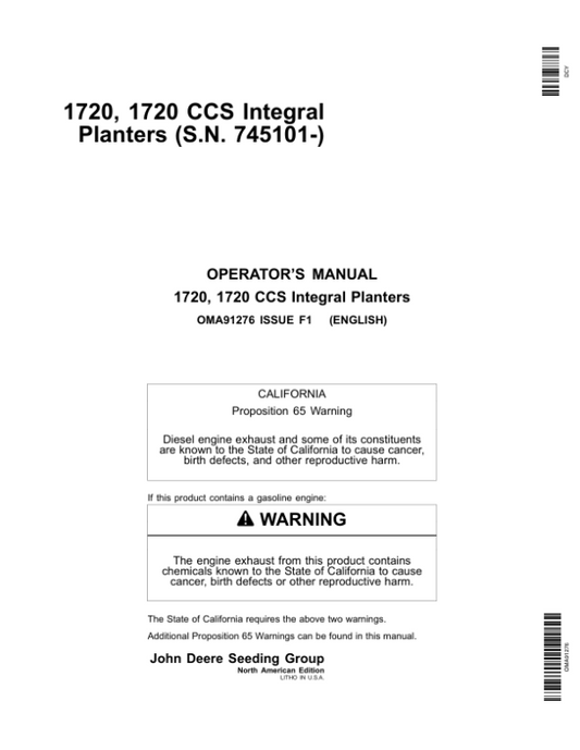 John Deere 1720 CCS Integral Planters (745101-) Operator’s Manual (OMA91276) Workshop Guide