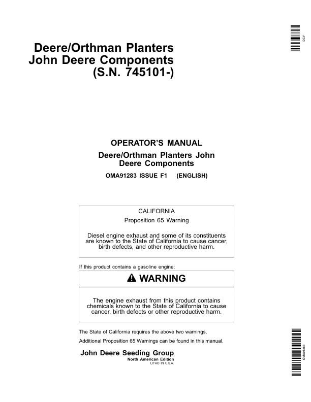 John Deere Components for Deere/Orthman Planters Worldwide Edition (745101-760100) Operator’s Manual (OMA91283) Workshop Guide