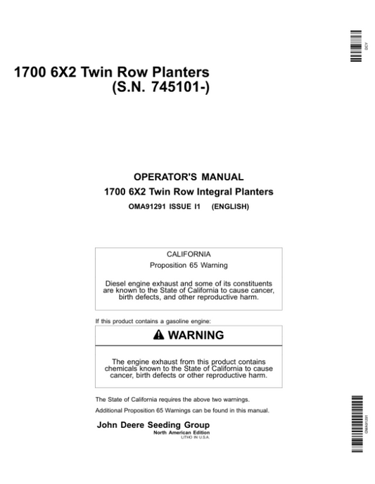 John Deere 1700 6×2 Twin-Row Planters (North American) Operator’s Manual (OMA91291) Workshop Guide