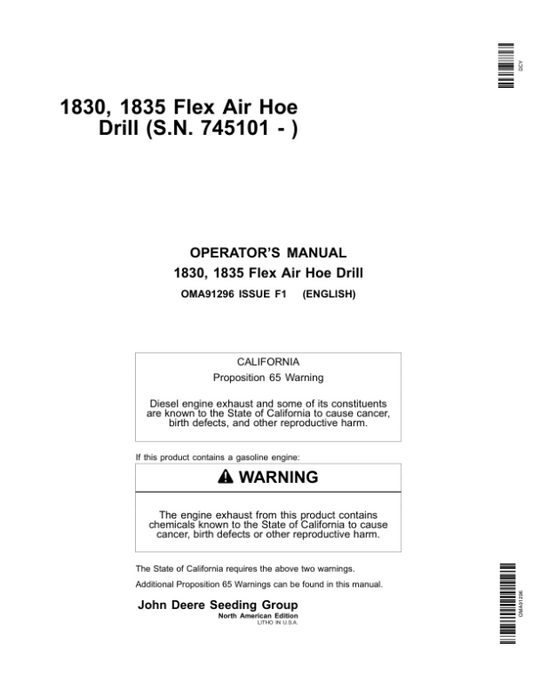 John Deere 1830 & 1835 Flex Air Hoe Drill North America (745101-750100) Operator’s Manual (OMA91296) Workshop Guide
