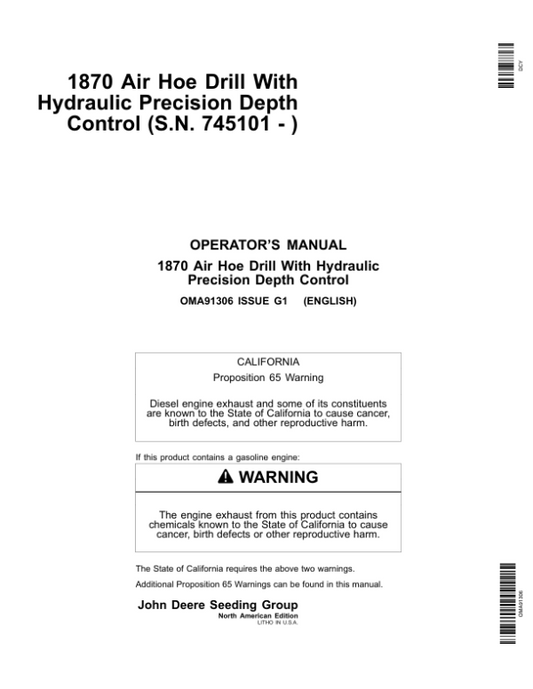 John Deere 1870 Air Hoe Drill North America (745101-750100) Operator’s Manual (OMA91306) Workshop Guide
