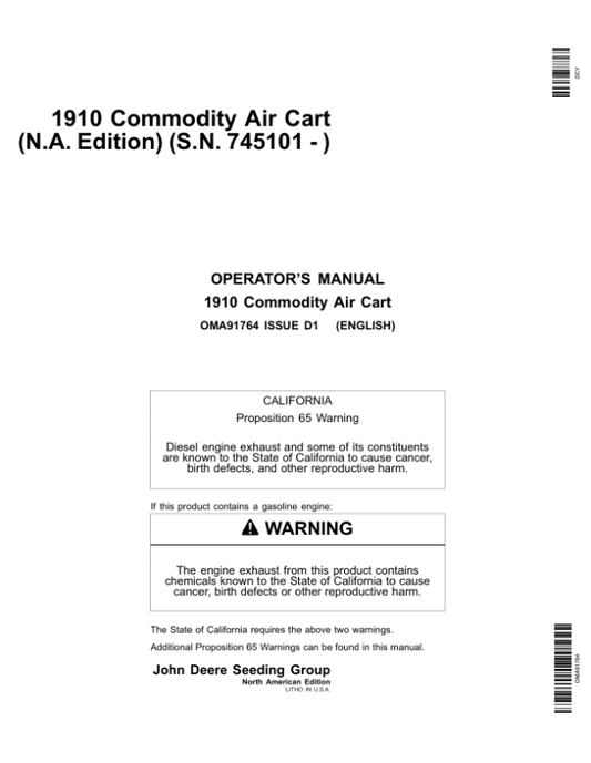 John Deere 1910 Commodity Air Cart (Ground Driven) Australian & American Edition (745101-755100) Operator’s Manual (OMA91764) Workshop Guide