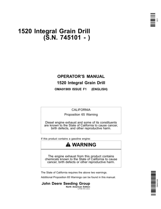 John Deere 1520 Integral Grain Drill (North America) (745101-750100) Operator’s Manual (OMA91909) Workshop Guide