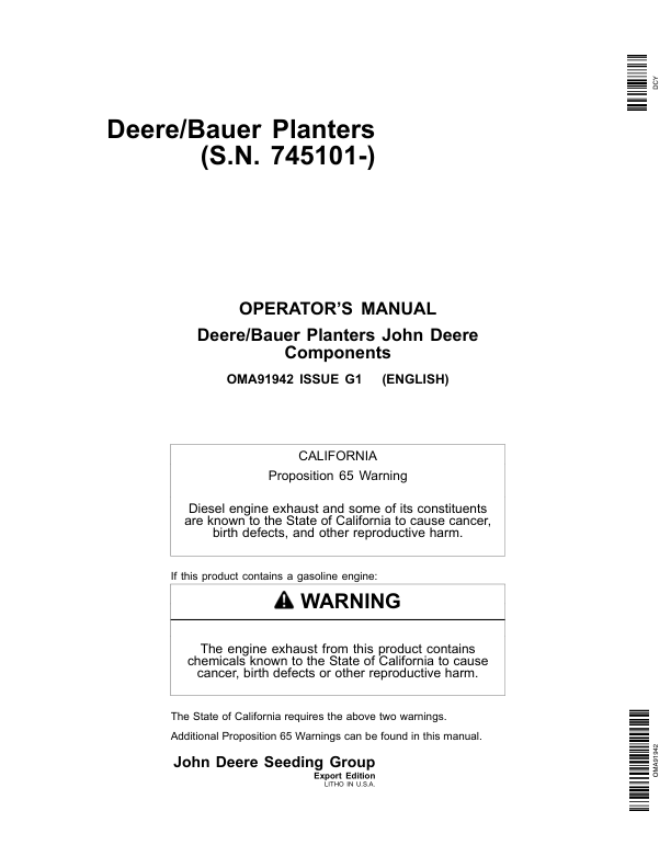 John Deere Components Metric Units for DB44, DB58, DB60, DB66, DB80, DB88, DB90, & DB120 Deere/Bauer Planters Worldwide Edition (745101-750100) Operator’s Manual (OMA91942) Workshop Guide
