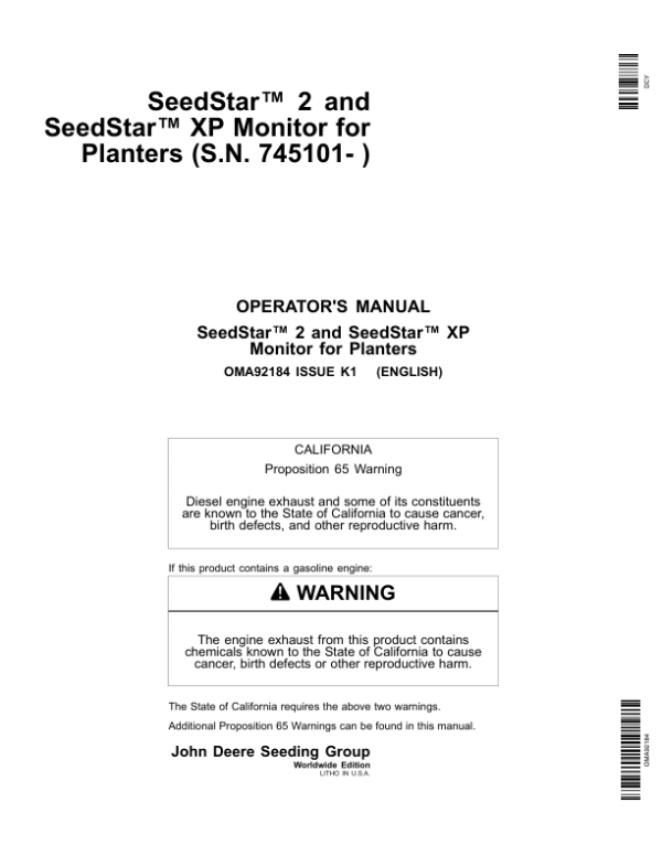 John Deere SeedStar & SeedStar XP Monitors Worldwide Edition (745101-750100) Operator’s Manual (OMA92184) Workshop Guide