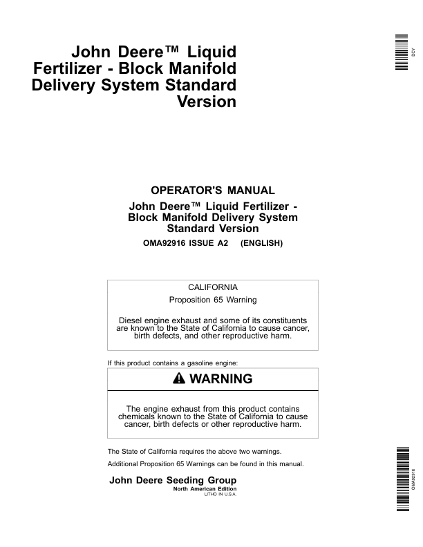 John Deere Liquid Fertilizer – Block Manifold Delivery System (Standard Version) Operator’s Manual (OMA92916) Workshop Guide