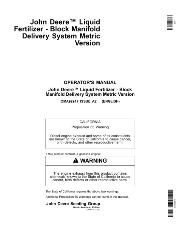 John Deere Liquid Fertilizer – Block Manifold Delivery System (Metric Version) Operator’s Manual (OMA92917) Workshop Guide
