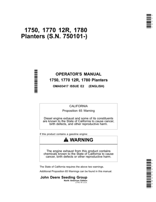 John Deere 1750, 1770 12R, & 1780 Planters North America (750101-) Operator’s Manual (OMA93417) Workshop Guide