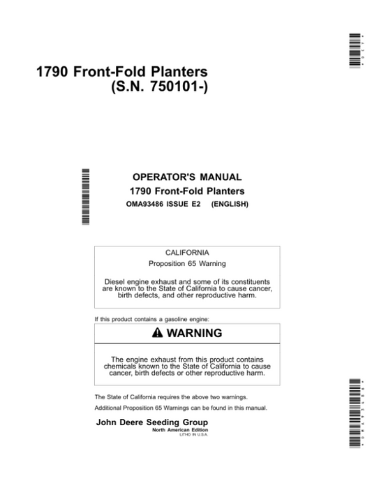 John Deere 1790 CCS Front-Fold Planters with Pro-Series XP Row Units (750101-) 23R, 24R, 31R, 32RW Operator’s Manual (OMA93486) Workshop Guide