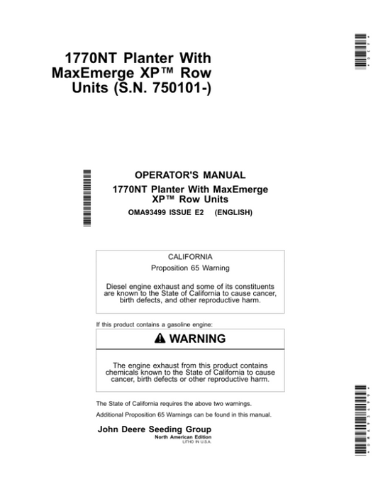 John Deere 1770NT 12/16/24 Row Planter with MaxEmerge XP Row Units Operator’s Manual (OMA93499) Workshop Guide