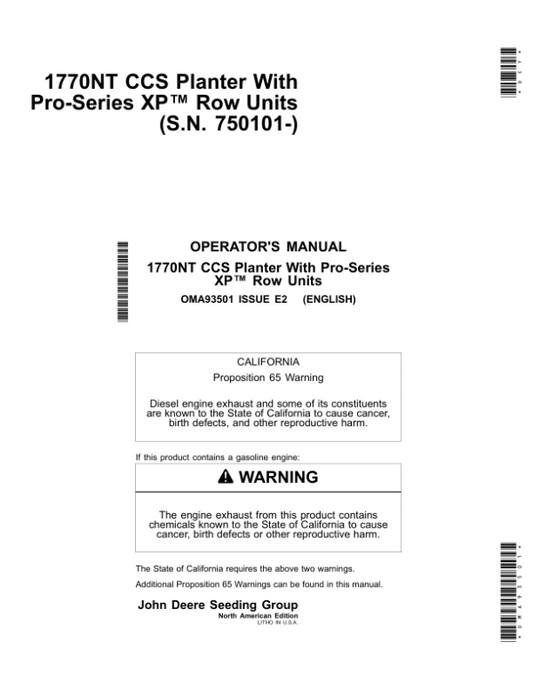 John Deere 1770NT CCS Pro-Series Planter 12/16/24 Row w/ XP Row Units Operator’s Manual (OMA93501) Workshop Guide