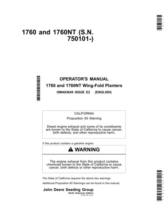 John Deere 1760, 1760NT Wing-Fold Planters (750101-) 6RN, 8RN, 8RW, 12RN Operator’s Manual (OMA93649) Workshop Guide