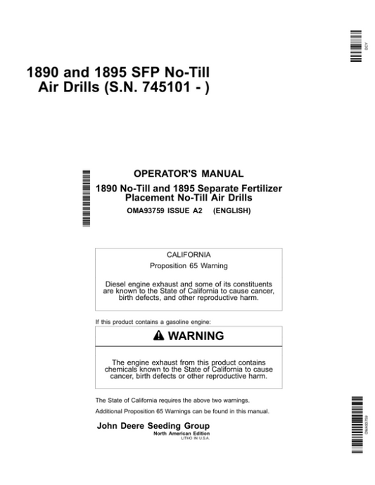 John Deere 1890 & 1895-SFP No-Till Air Drills North America & Australia Edition (745101-750100) Operator’s Manual (OMA93759) Workshop Guide