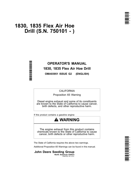 John Deere 1830 & 1835 Flex Air Hoe Drill North America (750101-760100) Operator’s Manual (OMA93951) Workshop Guide