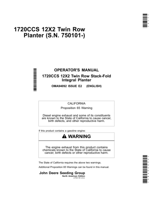 John Deere 1720CCS 12×2 Twin Row Planter (750101-) Operator’s Manual (OMA94092) Workshop Guide