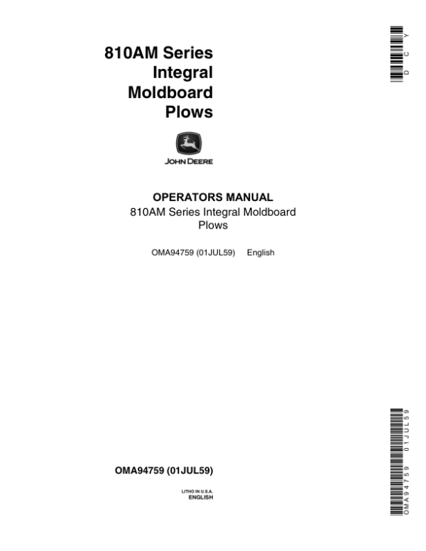 John Deere 810 Moldboard Plow Operator’s Manual (OMA94759) Workshop Guide